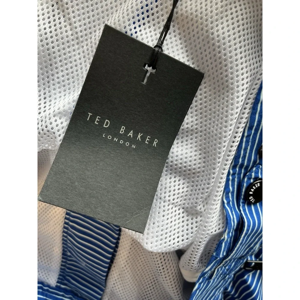 $120 NWT Ted Baker Sz L (4) Swim Trunks Blue Striped Shorts Liner Zip Pockets